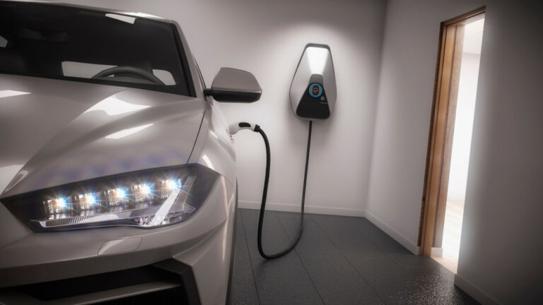 an EV charging station in a home garage