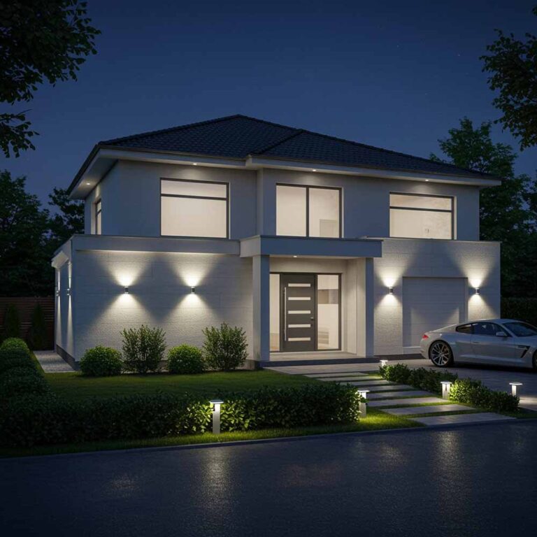home exterior decked with LED lighting