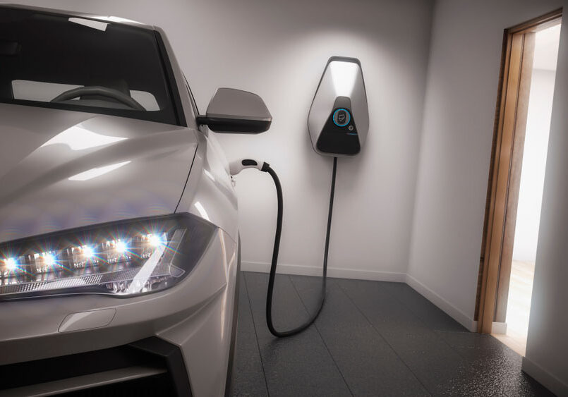 an EV charging station in a home garage