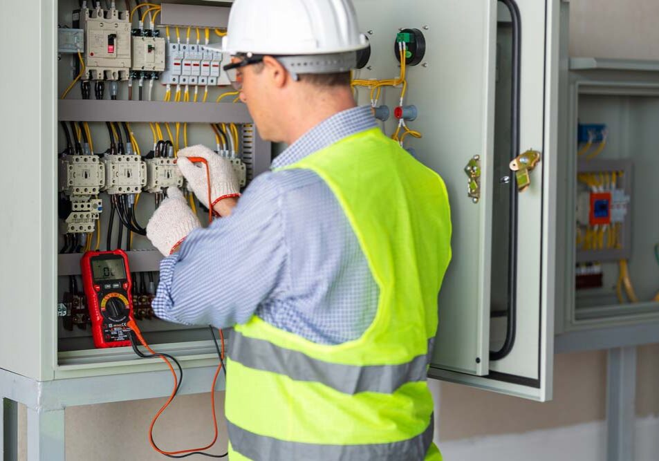 Technician tinkering with an electrical panel