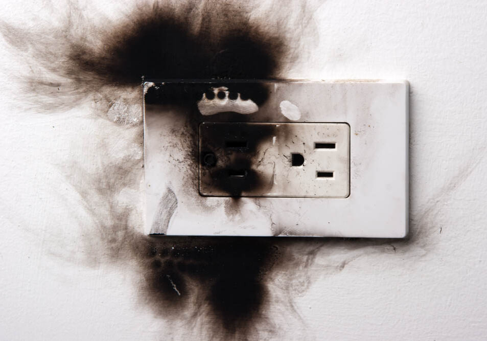 electrical outlet with obvious signs of fraying
