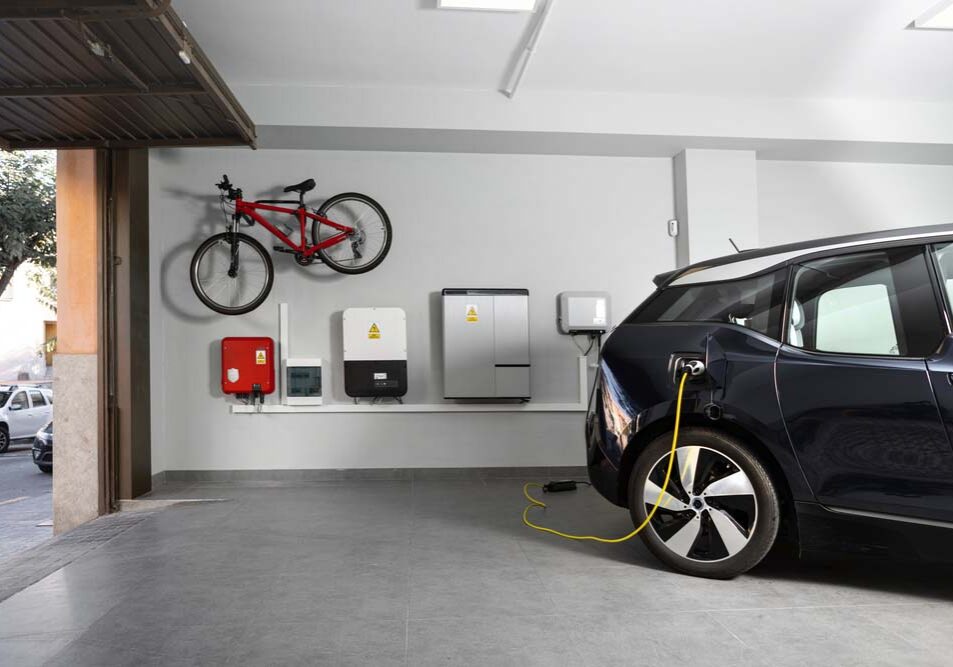EV charger in a home garage EV charger in a home garage